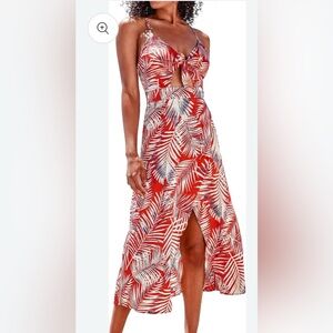Red Tropical Leaf Print Dress
